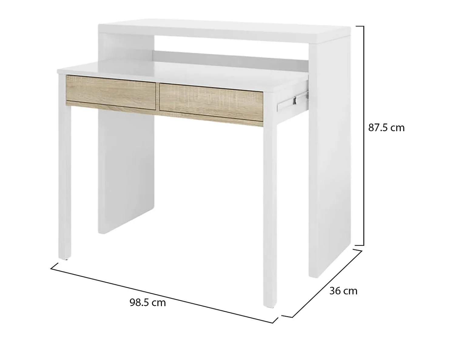 Consola|Dmora Secretária Damodi, Secretária com tampo extensível, Secretária para PC com 2 gavetas, 99x36h88 cm, e Carvalho Branco