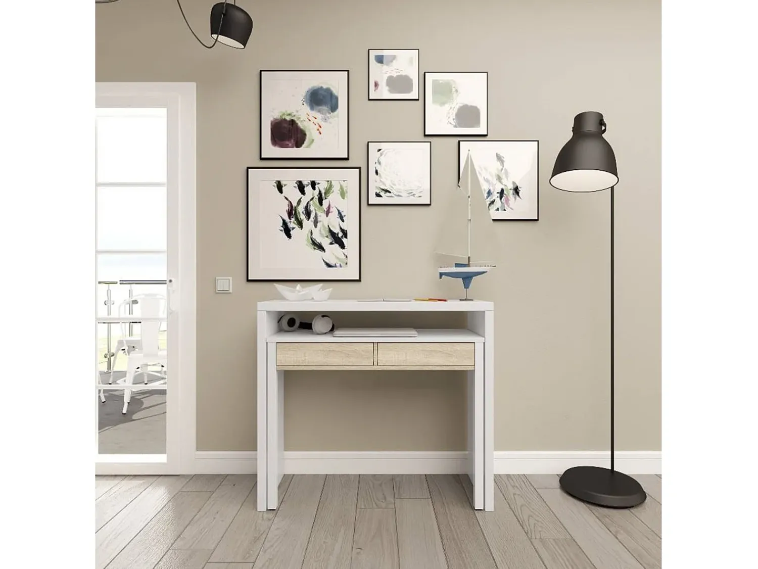 Consola|Dmora Secretária Damodi, Secretária com tampo extensível, Secretária para PC com 2 gavetas, 99x36h88 cm, e Carvalho Branco