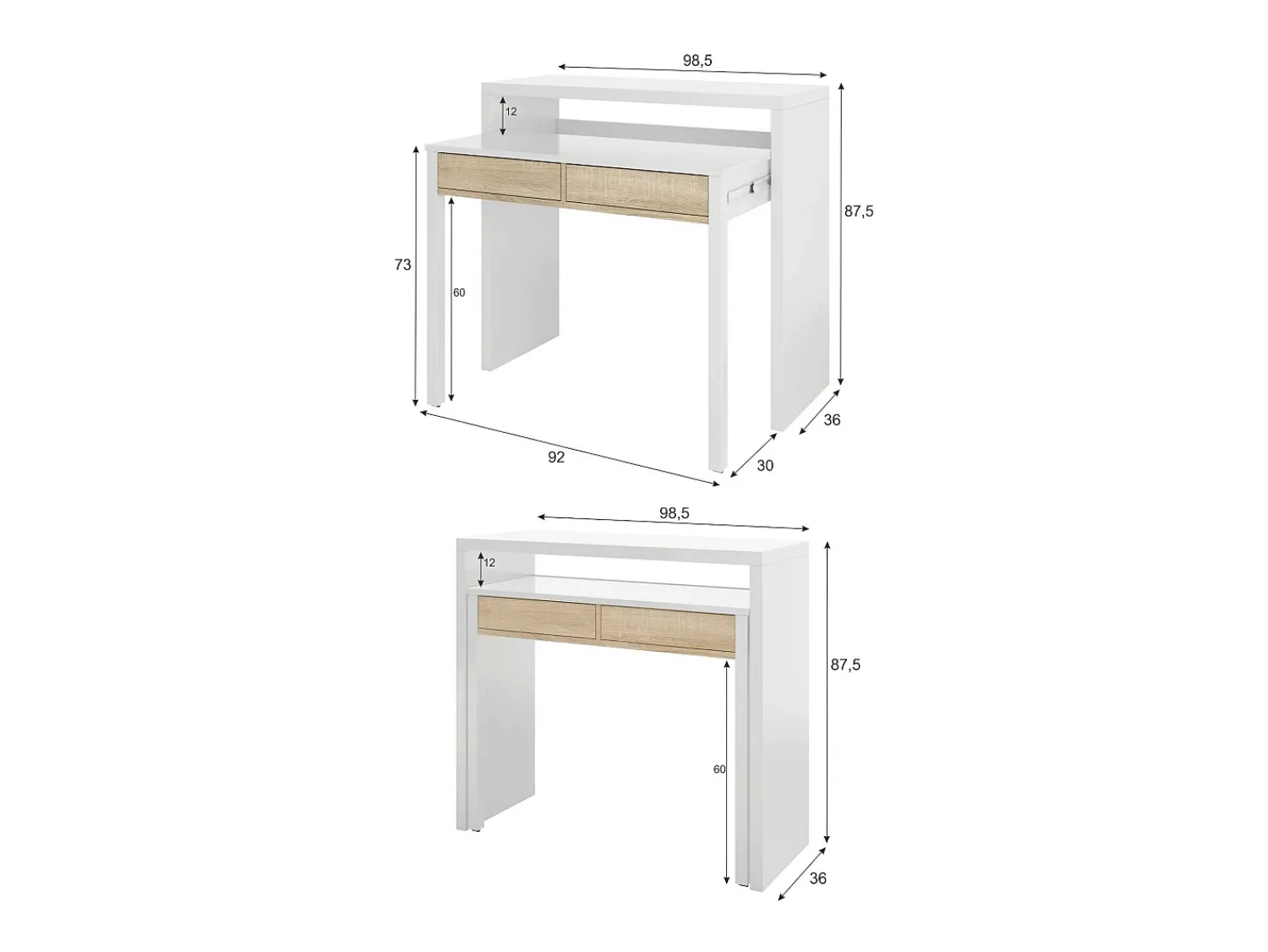 Consola|Dmora Secretária Damodi, Secretária com tampo extensível, Secretária para PC com 2 gavetas, 99x36h88 cm, e Carvalho Branco