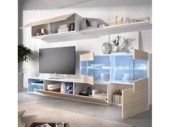 Móvel De Tv|Dmora Sistema de parede Adams, Conjunto modular de sala de canto, Móveis de sala multiposições com luz LED, 260x41h180 cm, Carvalho e Branco Castanho
