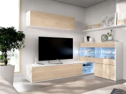 Móvel De Tv|Dmora Sistema de parede Adams, Conjunto modular de sala de canto, Móveis de sala multiposições com luz LED, 260x41h180 cm, Carvalho e Branco Castanho