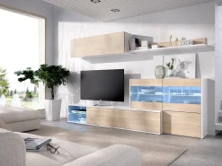 Móvel De Tv|Dmora Sistema de parede Adams, Conjunto modular de sala de canto, Móveis de sala multiposições com luz LED, 260x41h180 cm, Carvalho e Branco Castanho