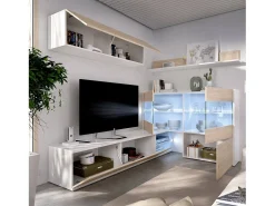 Móvel De Tv|Dmora Sistema de parede Adams, Conjunto modular de sala de canto, Móveis de sala multiposições com luz LED, 260x41h180 cm, Carvalho e Branco Castanho