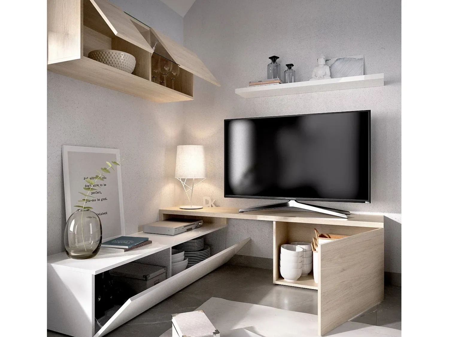 Móvel De Tv|Dmora Sistema de parede Baker, conjunto modular de sala de canto, móvel de sala de TV multiposições, 201x41h180 cm, e carvalho Branco