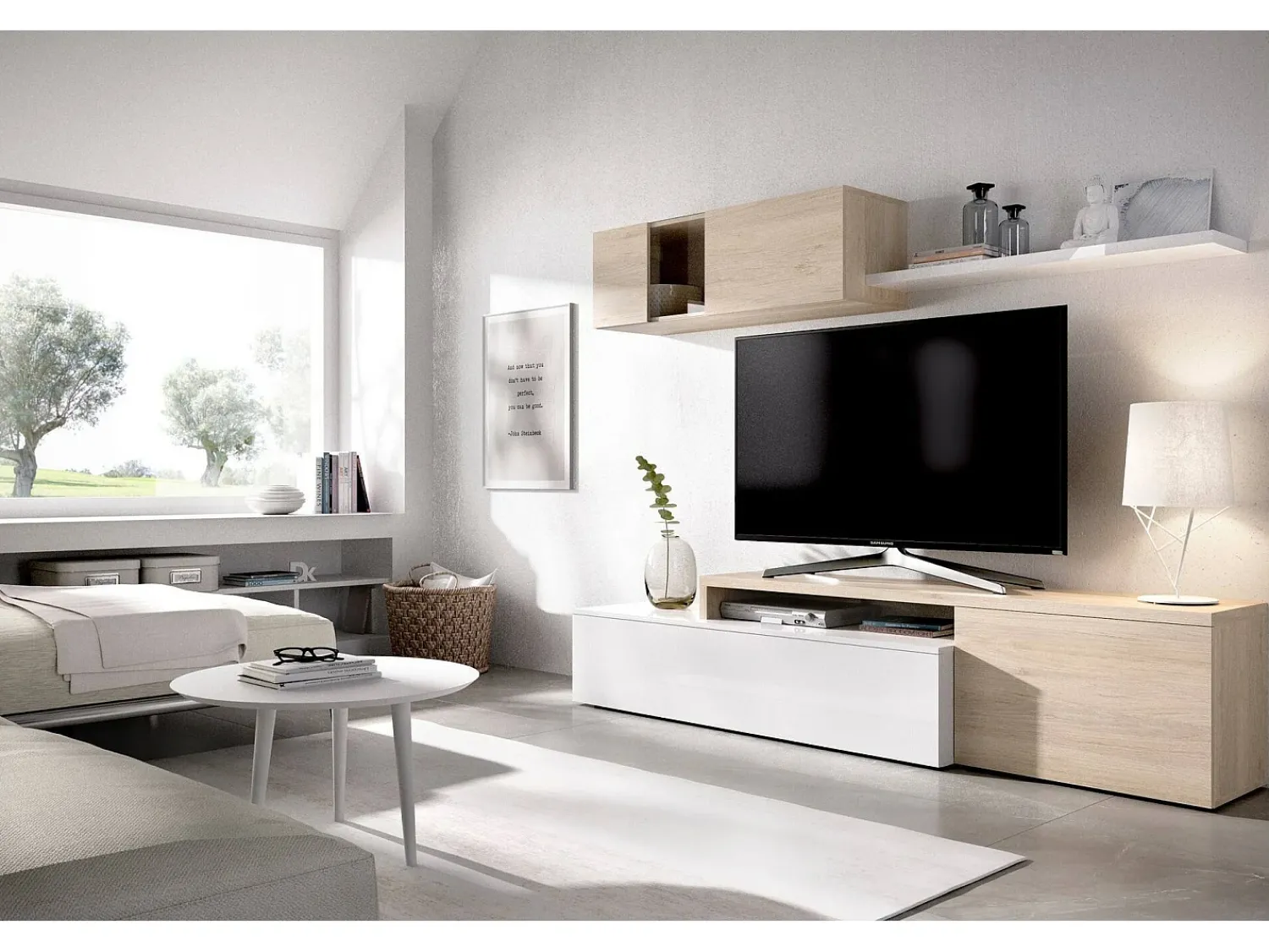 Móvel De Tv|Dmora Sistema de parede Baker, conjunto modular de sala de canto, móvel de sala de TV multiposições, 201x41h180 cm, e carvalho Branco