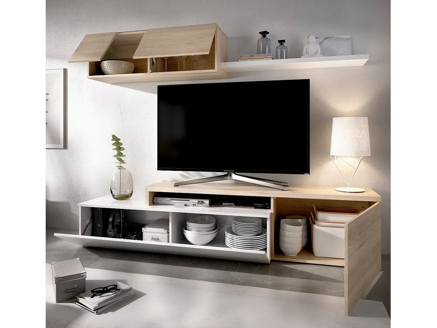 Móvel De Tv|Dmora Sistema de parede Baker, conjunto modular de sala de canto, móvel de sala de TV multiposições, 201x41h180 cm, e carvalho Branco