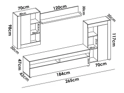 Móvel De Tv*Dmora Sistema de parede Beverin, Conjunto modular de sala, Móveis de sala multiposições, 265x42h180 cm, e Cimento Branco