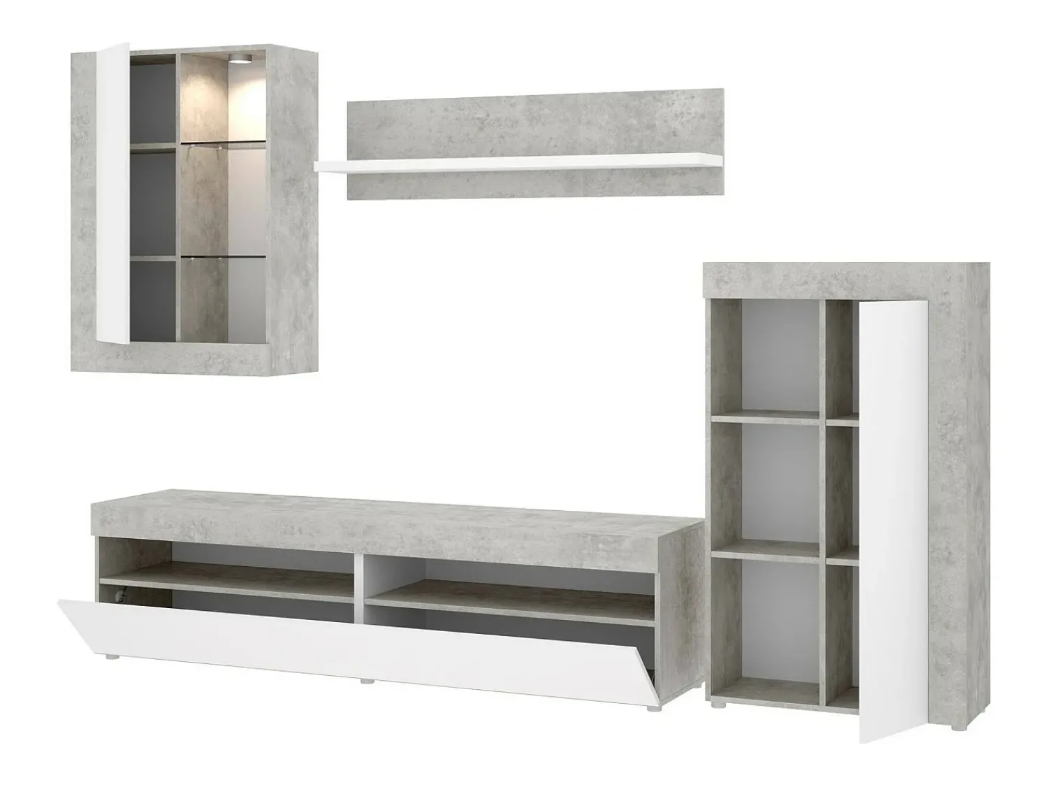 Móvel De Tv*Dmora Sistema de parede Beverin, Conjunto modular de sala, Móveis de sala multiposições, 265x42h180 cm, e Cimento Branco