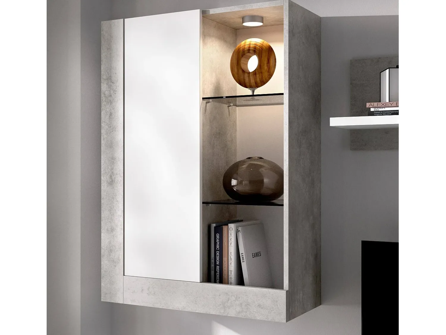 Móvel De Tv*Dmora Sistema de parede Beverin, Conjunto modular de sala, Móveis de sala multiposições, 265x42h180 cm, e Cimento Branco