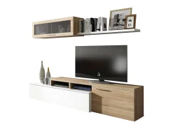 Hot Dmora Sistema de parede Chino, móvel de sala de TV, composição reversível de sala, conjunto de sala de canto, 200x41h44 cm, carvalho e branco brilhante Castanho