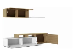 Hot Dmora Sistema de parede Chino, móvel de sala de TV, composição reversível de sala, conjunto de sala de canto, 200x41h44 cm, carvalho e branco brilhante Castanho