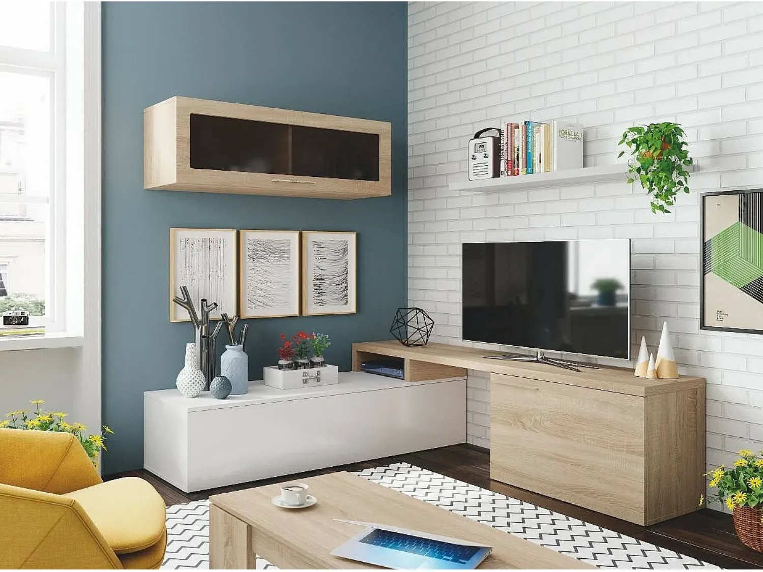Hot Dmora Sistema de parede Chino, móvel de sala de TV, composição reversível de sala, conjunto de sala de canto, 200x41h44 cm, carvalho e branco brilhante Castanho