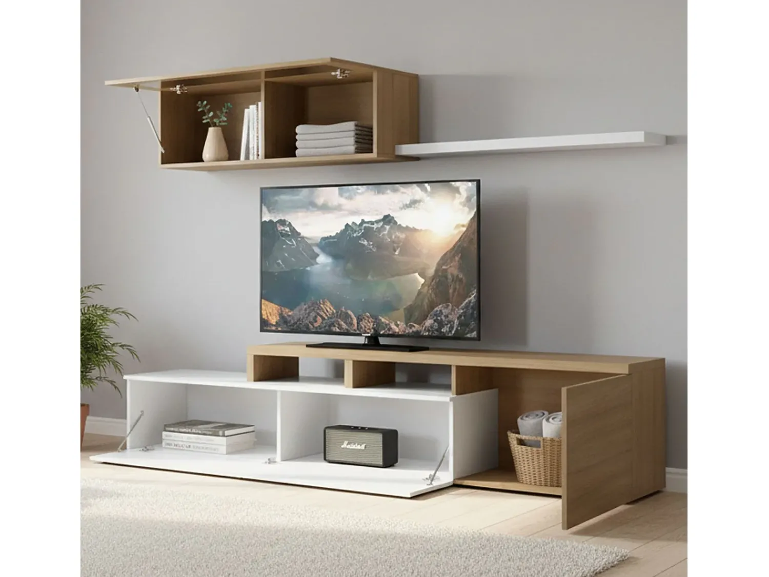 Hot Dmora Sistema de parede Chino, móvel de sala de TV, composição reversível de sala, conjunto de sala de canto, 200x41h44 cm, carvalho e branco brilhante Castanho