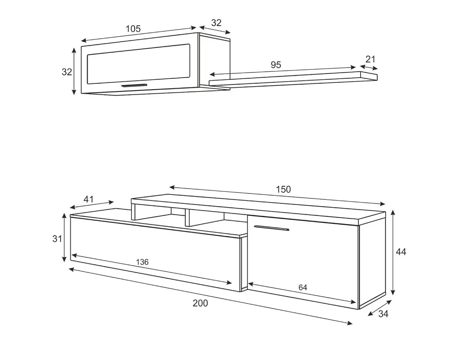 Hot Dmora Sistema de parede Chino, móvel de sala de TV, composição reversível de sala, conjunto de sala de canto, 200x41h44 cm, carvalho e branco brilhante Castanho