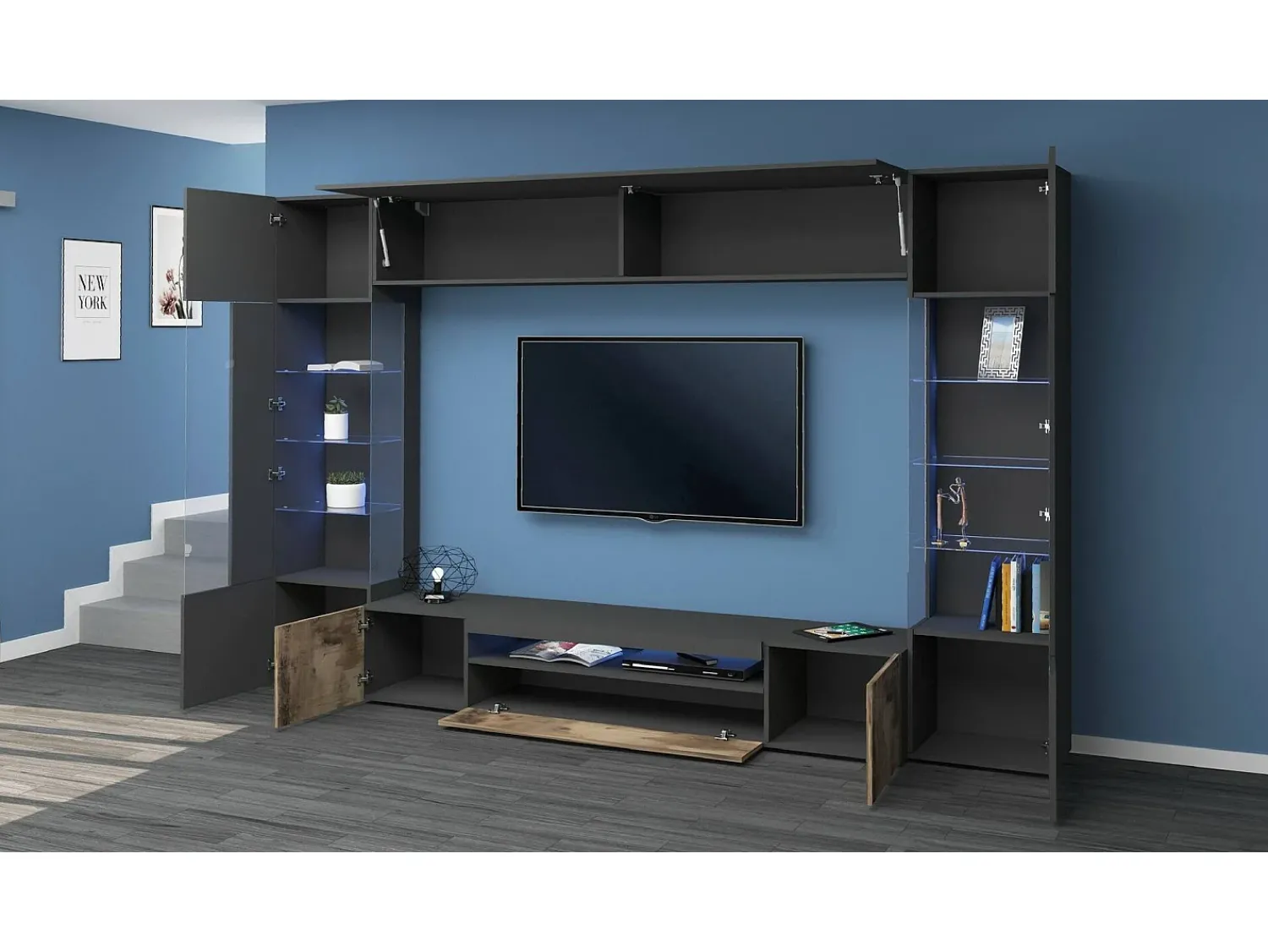 Best Dmora Sistema de parede Clementino, móvel de sala de TV de 6 portas, mobiliário de sala multiuso com luz LED, 100% Fabricado em Itália, 290x40h191 cm, Antracite e Bordo Preto