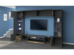 Best Dmora Sistema de parede Clementino, móvel de sala de TV de 6 portas, mobiliário de sala multiuso com luz LED, 100% Fabricado em Itália, 290x40h191 cm, Antracite e Bordo Preto