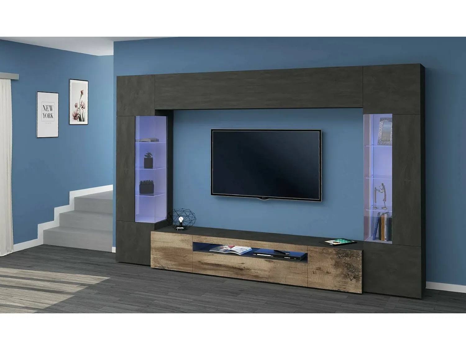 Best Dmora Sistema de parede Clementino, móvel de sala de TV de 6 portas, mobiliário de sala multiuso com luz LED, 100% Fabricado em Itália, 290x40h191 cm, Antracite e Bordo Preto