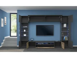 Best Dmora Sistema de parede Clementino, móvel de sala de TV de 6 portas, mobiliário de sala multiuso com luz LED, 100% Fabricado em Itália, 290x40h191 cm, Antracite e Bordo Preto