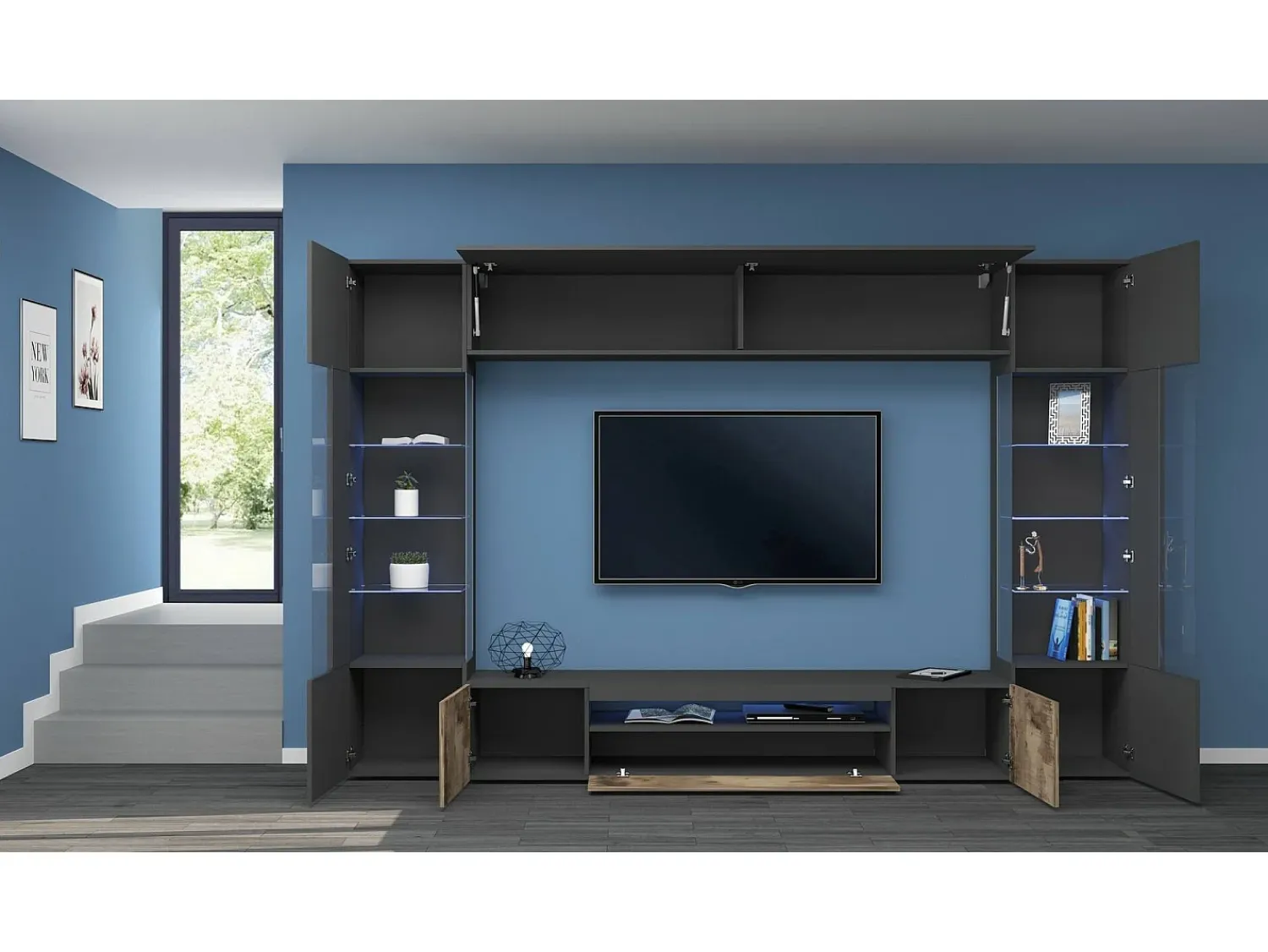 Best Dmora Sistema de parede Clementino, móvel de sala de TV de 6 portas, mobiliário de sala multiuso com luz LED, 100% Fabricado em Itália, 290x40h191 cm, Antracite e Bordo Preto