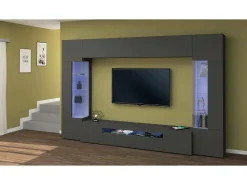 Móvel De Tv|Dmora Sistema de parede Clementino, conjunto de sala de TV com 6 portas, mobiliário de sala multiuso com luz LED, 100% Fabricado em Itália, 290x40h191 cm, Antracite Preto