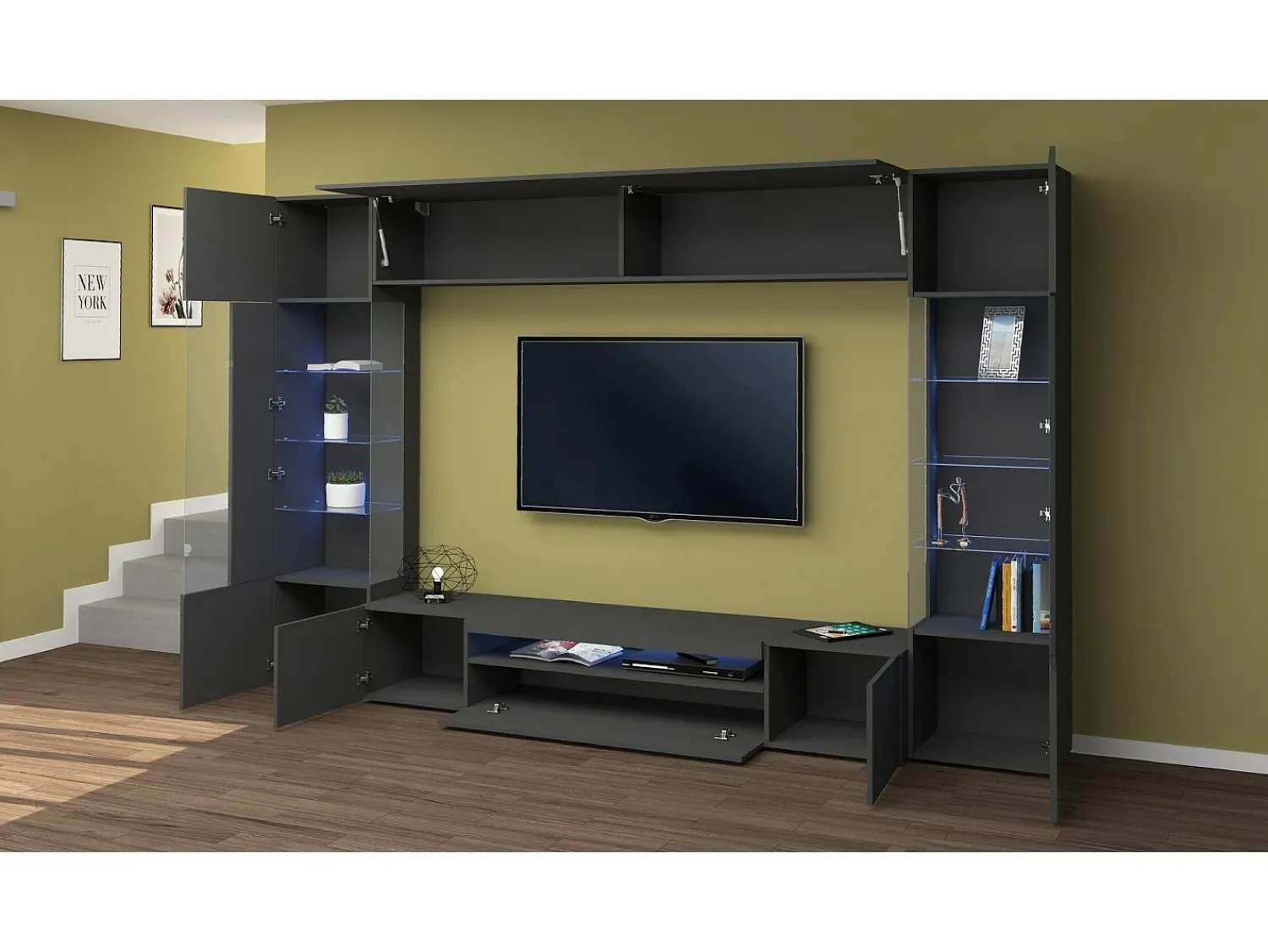 Móvel De Tv|Dmora Sistema de parede Clementino, conjunto de sala de TV com 6 portas, mobiliário de sala multiuso com luz LED, 100% Fabricado em Itália, 290x40h191 cm, Antracite Preto
