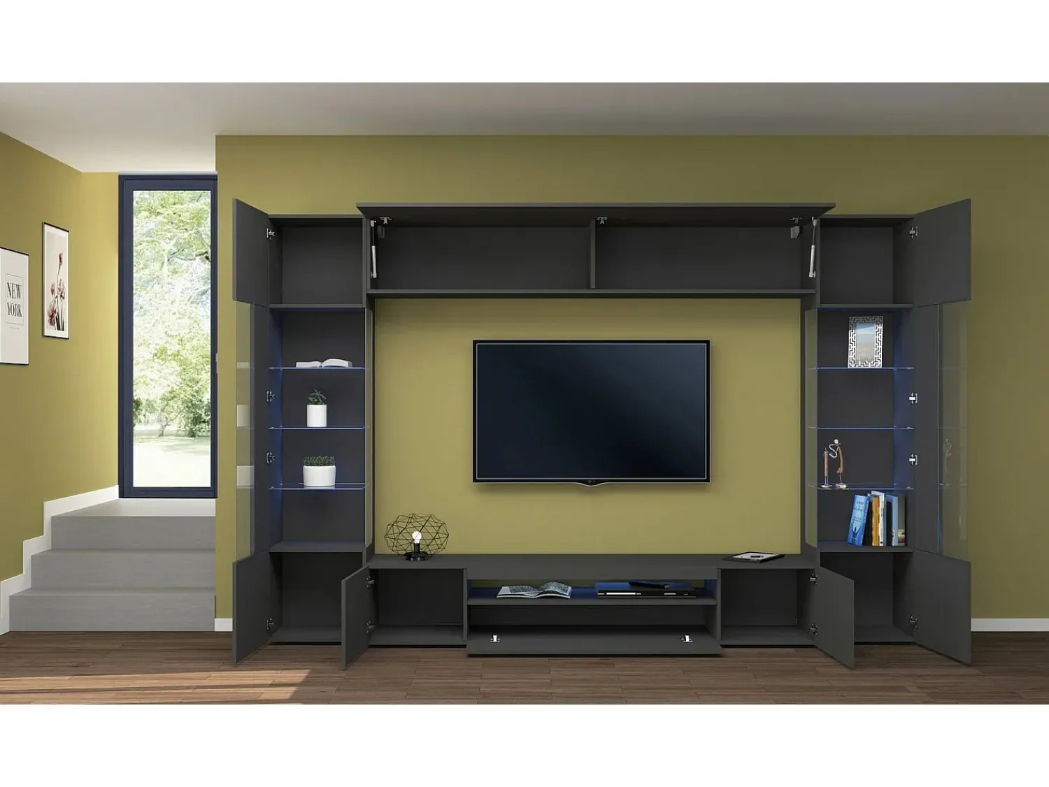 Móvel De Tv|Dmora Sistema de parede Clementino, conjunto de sala de TV com 6 portas, mobiliário de sala multiuso com luz LED, 100% Fabricado em Itália, 290x40h191 cm, Antracite Preto
