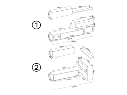 Móvel De Tv*Dmora Sistema de parede Daade, Conjunto modular de sala de canto, Móveis de sala multiposições com luz LED, 260x41h180 cm, Carvalho e Branco Castanho