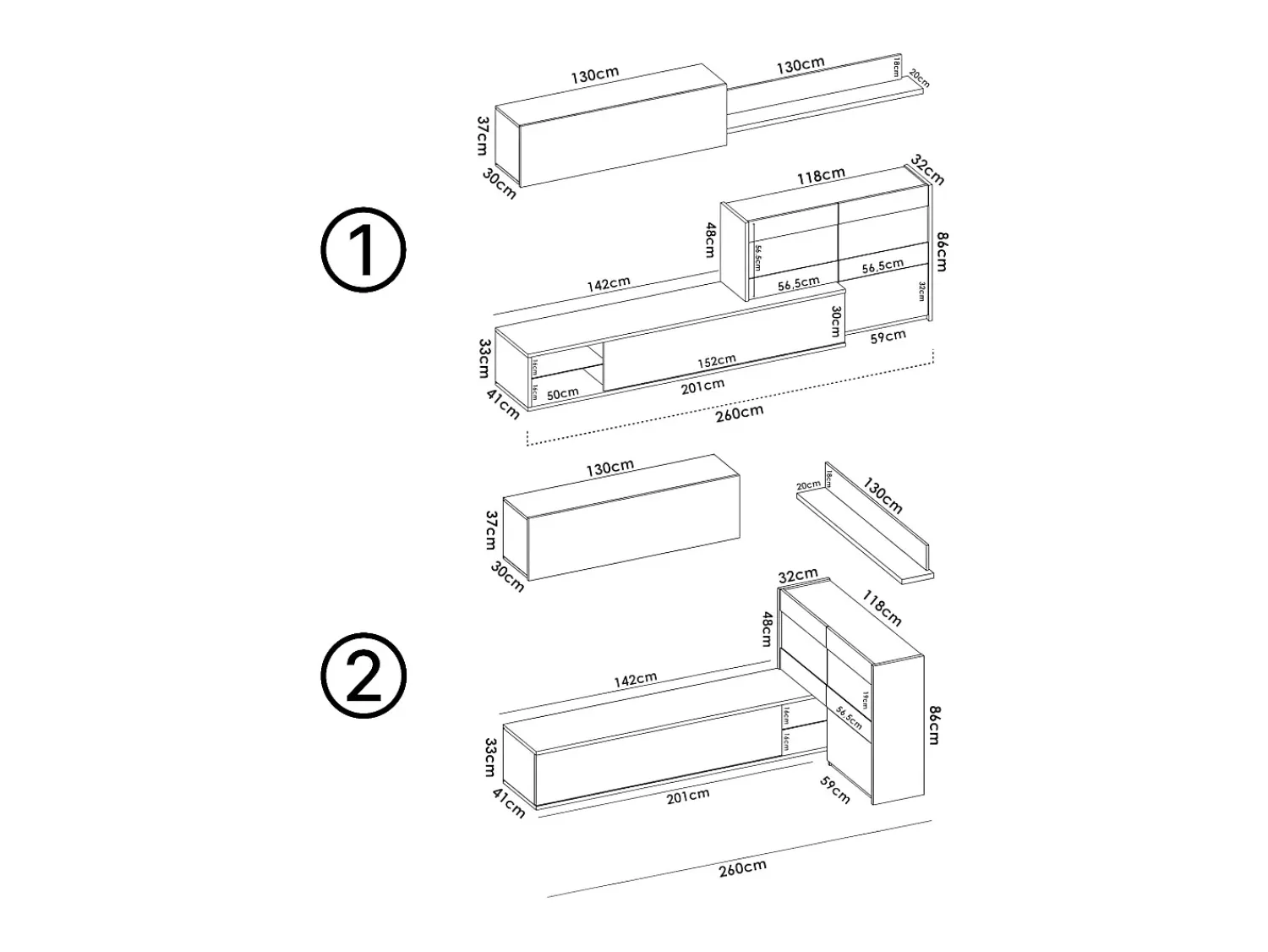 Móvel De Tv*Dmora Sistema de parede Daade, Conjunto modular de sala de canto, Móveis de sala multiposições com luz LED, 260x41h180 cm, Carvalho e Branco Castanho