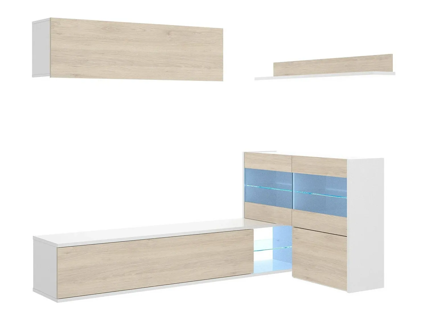 Móvel De Tv*Dmora Sistema de parede Daade, Conjunto modular de sala de canto, Móveis de sala multiposições com luz LED, 260x41h180 cm, Carvalho e Branco Castanho