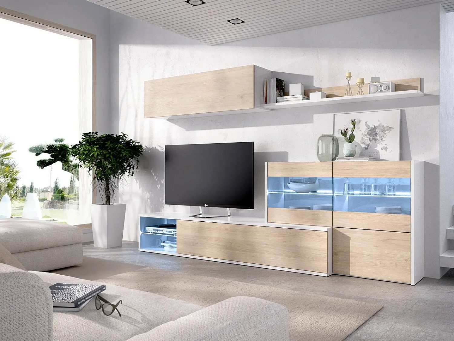 Móvel De Tv*Dmora Sistema de parede Daade, Conjunto modular de sala de canto, Móveis de sala multiposições com luz LED, 260x41h180 cm, Carvalho e Branco Castanho