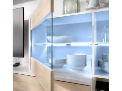 Móvel De Tv*Dmora Sistema de parede Daade, Conjunto modular de sala de canto, Móveis de sala multiposições com luz LED, 260x41h180 cm, Carvalho e Branco Castanho