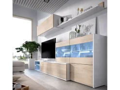 Móvel De Tv*Dmora Sistema de parede Daade, Conjunto modular de sala de canto, Móveis de sala multiposições com luz LED, 260x41h180 cm, Carvalho e Branco Castanho