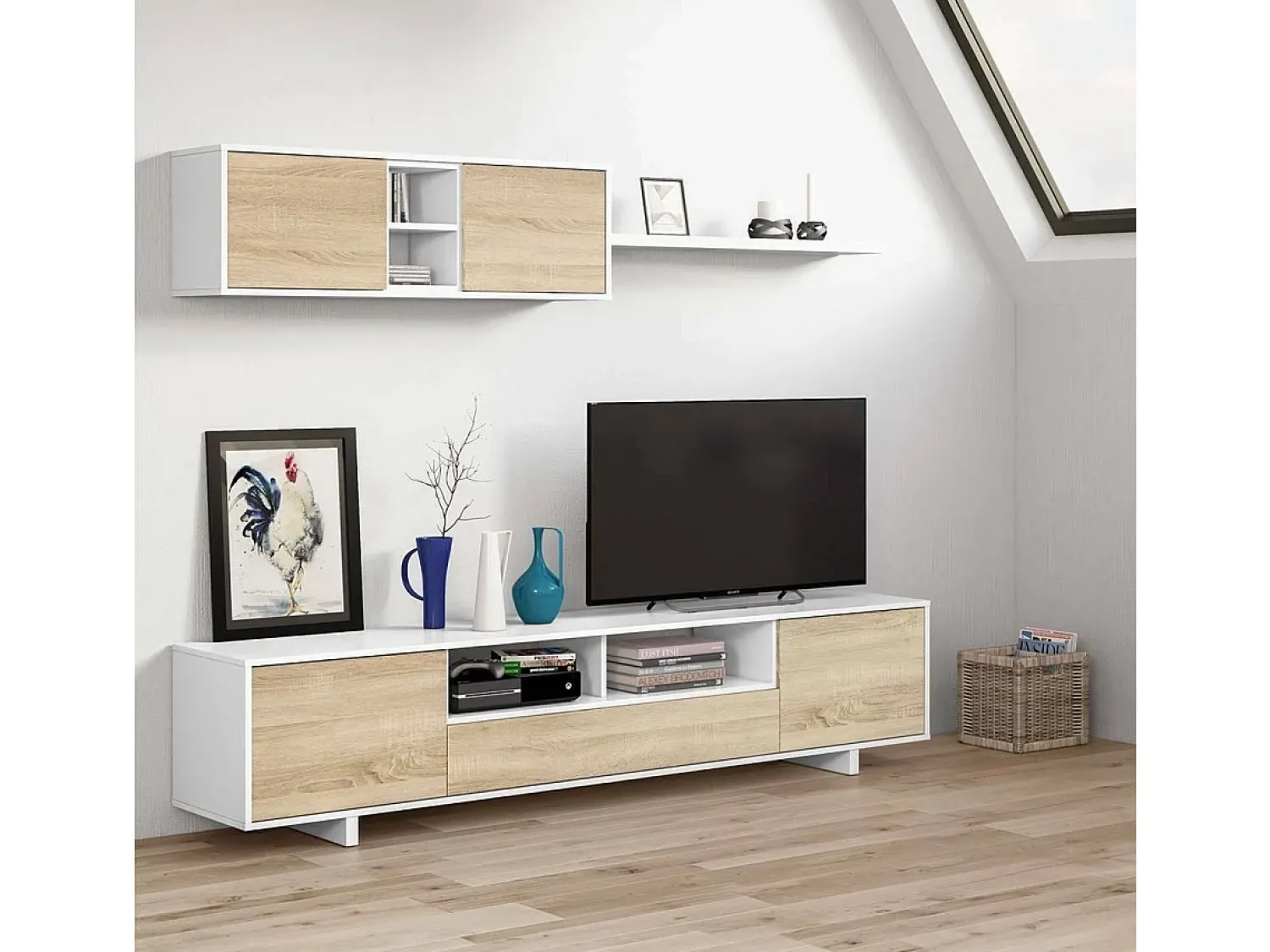 Dmora Sistema de parede Dafanti, móvel de sala de TV, composição de conjunto de sala, conjunto de sala com móvel de parede, 260x41h46 cm, brilhante e carvalho^ Móvel De Tv