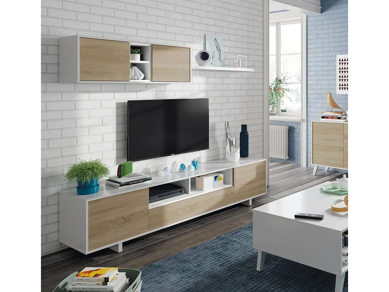 Dmora Sistema de parede Dafanti, móvel de sala de TV, composição de conjunto de sala, conjunto de sala com móvel de parede, 260x41h46 cm, brilhante e carvalho^ Móvel De Tv