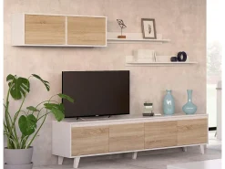 Móvel De Tv|Dmora Sistema de parede Daless, móvel de sala de TV, Composição de sala com móvel de parede e prateleira, 200x50h41 cm, e Carvalho Branco