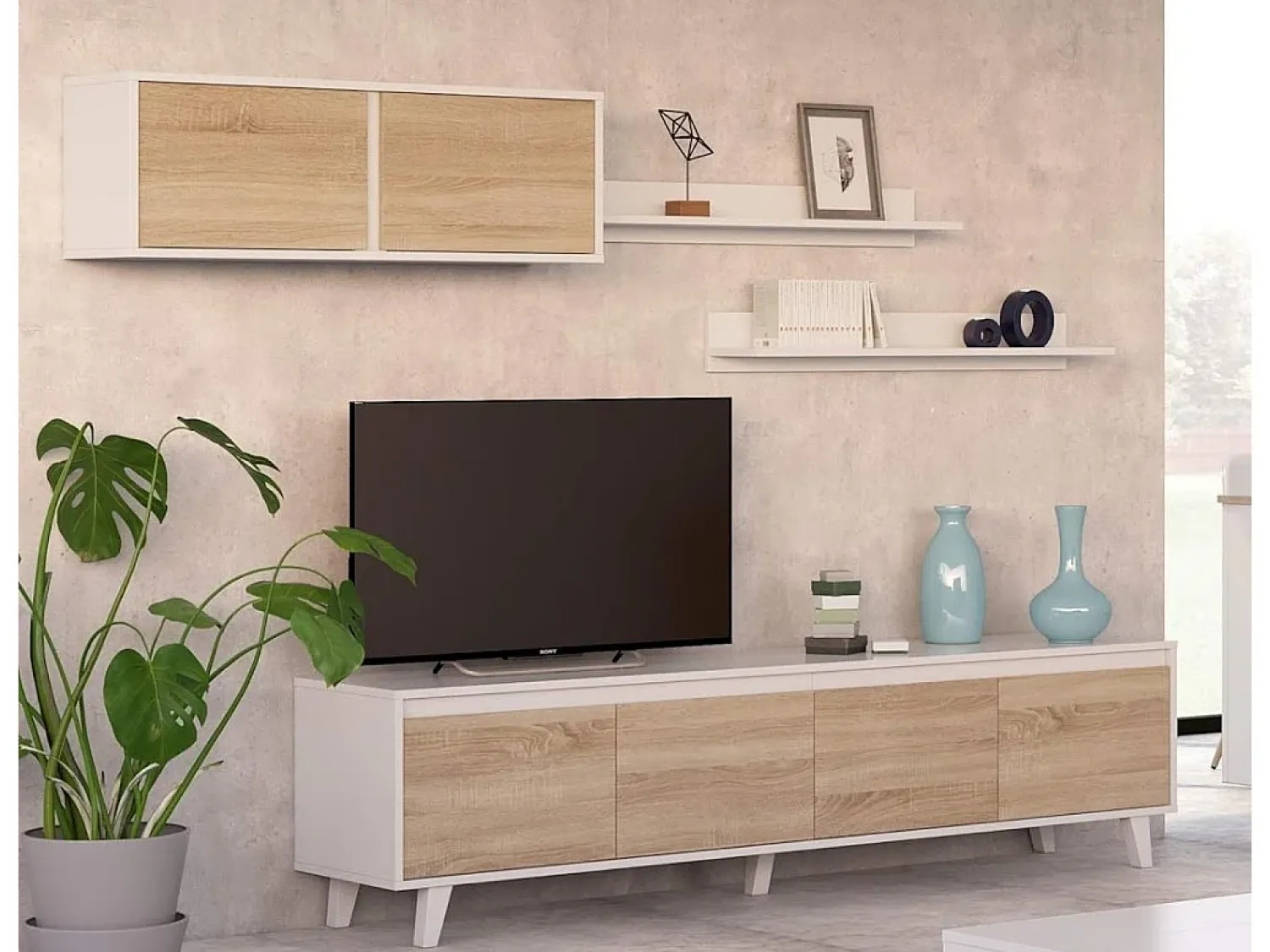 Móvel De Tv|Dmora Sistema de parede Daless, móvel de sala de TV, Composição de sala com móvel de parede e prateleira, 200x50h41 cm, e Carvalho Branco