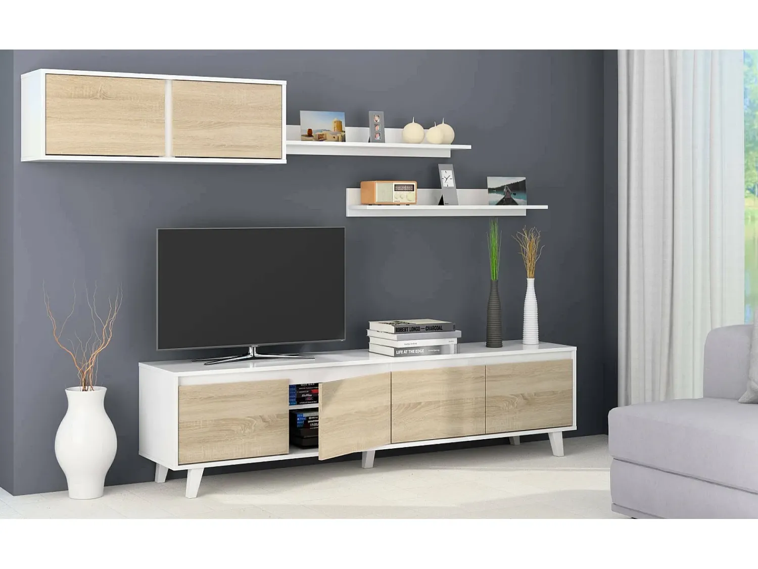 Móvel De Tv|Dmora Sistema de parede Daless, móvel de sala de TV, Composição de sala com móvel de parede e prateleira, 200x50h41 cm, e Carvalho Branco