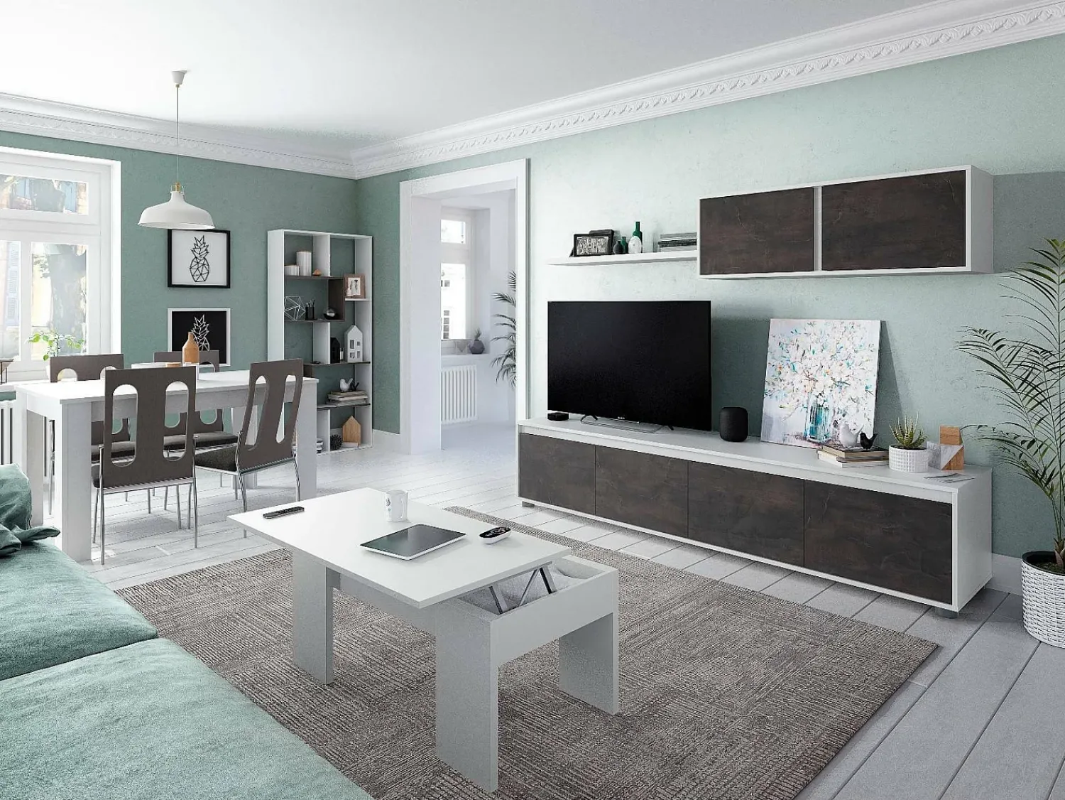 Móvel De Tv*Dmora Sistema de parede Damatte, móvel de sala de TV, composição de conjunto de sala, conjunto de sala com móvel de parede, 200x41h43 cm, e Ã"xido Branco