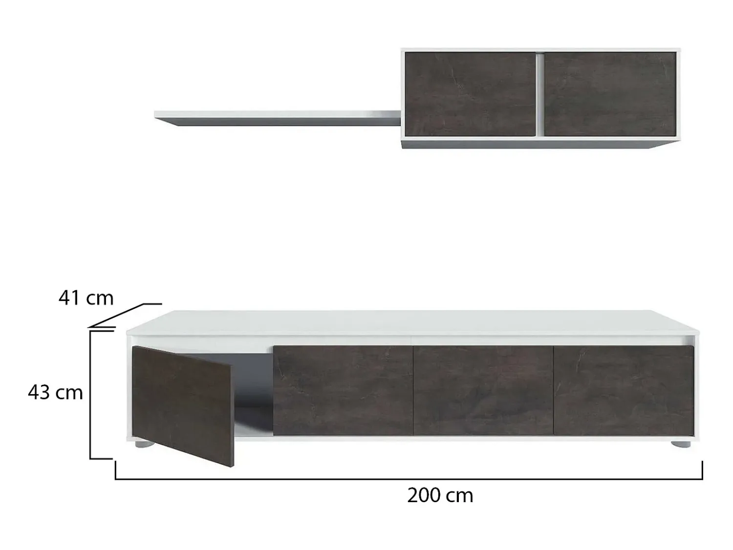 Móvel De Tv*Dmora Sistema de parede Damatte, móvel de sala de TV, composição de conjunto de sala, conjunto de sala com móvel de parede, 200x41h43 cm, e Ã"xido Branco