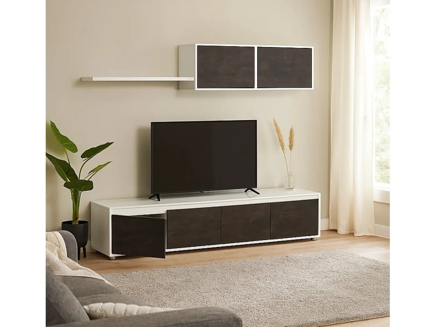 Móvel De Tv*Dmora Sistema de parede Damatte, móvel de sala de TV, composição de conjunto de sala, conjunto de sala com móvel de parede, 200x41h43 cm, e Ã"xido Branco