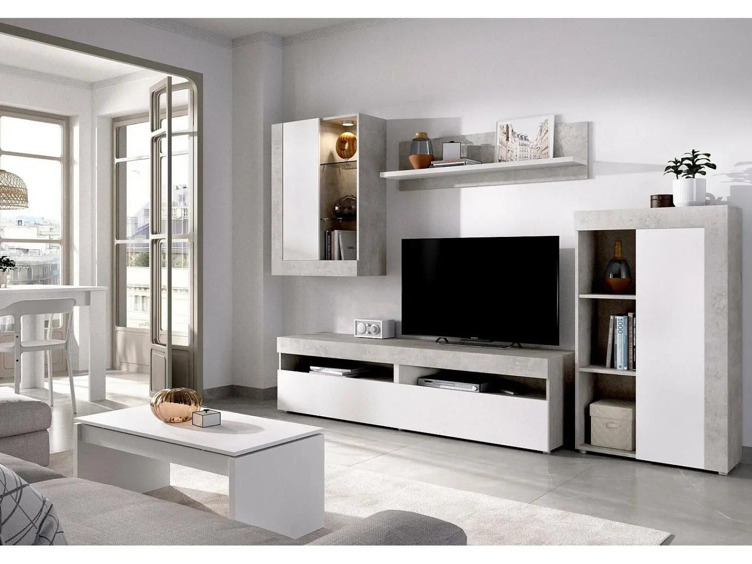 Dmora Sistema de parede Dament, Conjunto modular de sala, Móveis de sala multiposições, 265x42h180 cm, e Cimento^ Móvel De Tv