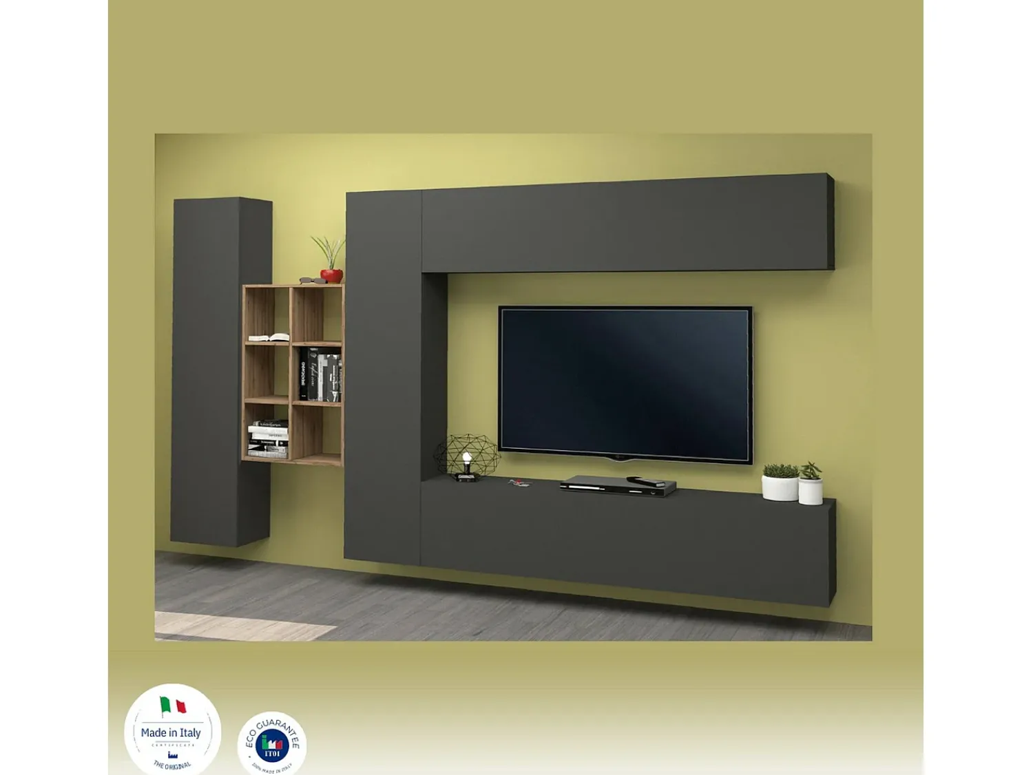 Móvel De Tv*Dmora Sistema de parede Danilo, conjunto de sala de TV com 4 portas, móveis de sala multiuso, 100% Fabricado na Itália, 280x30h180 cm, Antracite e Bordo Preto