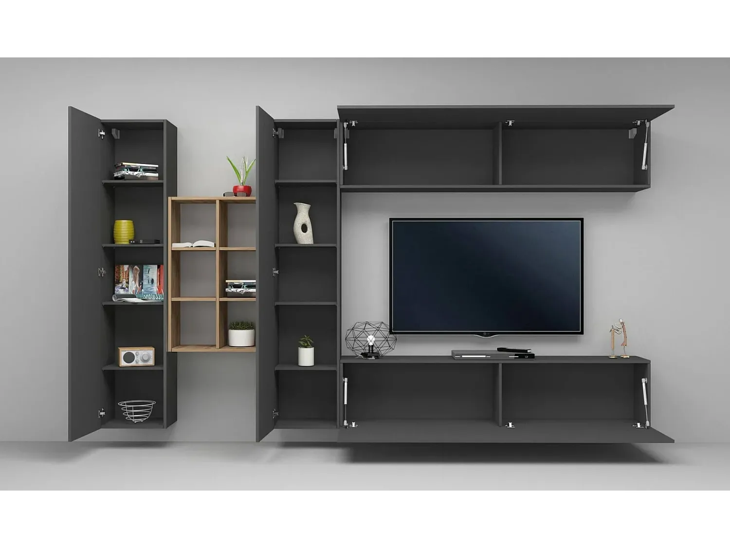 Móvel De Tv*Dmora Sistema de parede Danilo, conjunto de sala de TV com 4 portas, móveis de sala multiuso, 100% Fabricado na Itália, 280x30h180 cm, Antracite e Bordo Preto