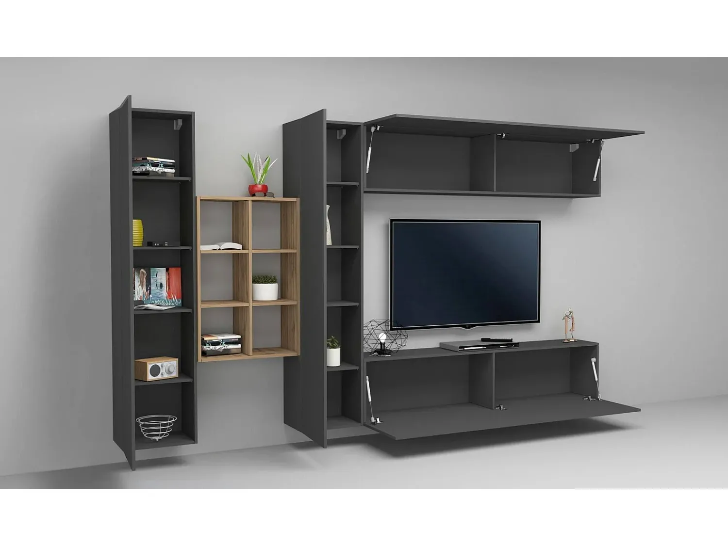 Móvel De Tv*Dmora Sistema de parede Danilo, conjunto de sala de TV com 4 portas, móveis de sala multiuso, 100% Fabricado na Itália, 280x30h180 cm, Antracite e Bordo Preto