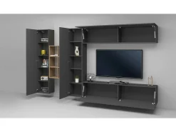 Móvel De Tv*Dmora Sistema de parede Danilo, conjunto de sala de TV com 4 portas, móveis de sala multiuso, 100% Fabricado na Itália, 280x30h180 cm, Antracite e Bordo Preto