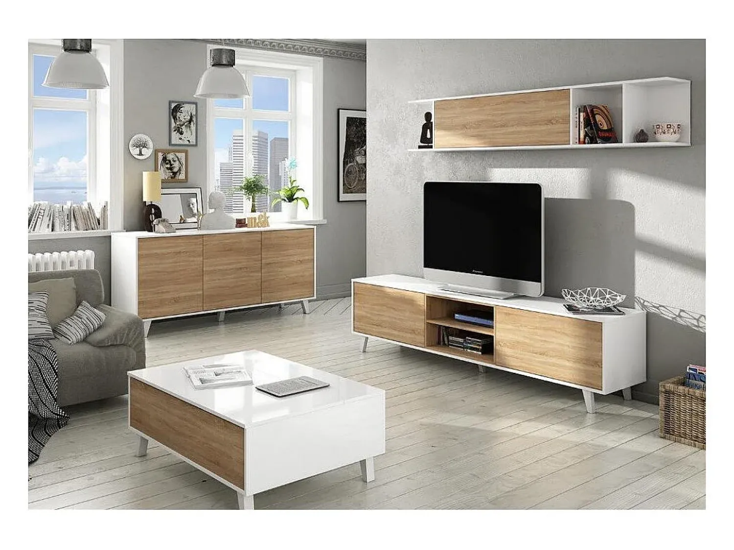 Móvel De Tv*Dmora Sistema de parede Darcole, móvel de sala de TV, Composição de sala com móvel de parede, 180x41h51 cm, e Carvalho Branco