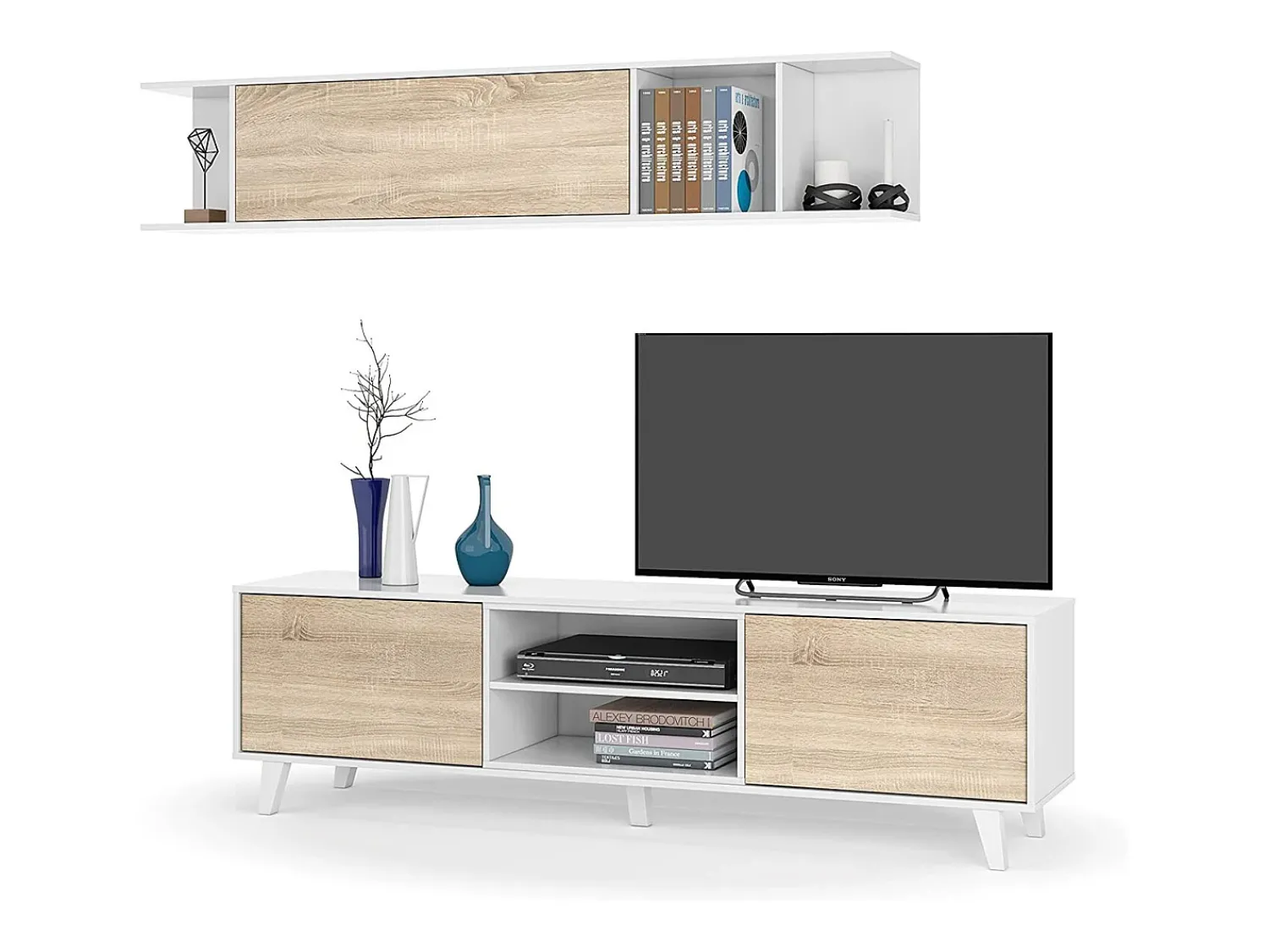 Móvel De Tv*Dmora Sistema de parede Darcole, móvel de sala de TV, Composição de sala com móvel de parede, 180x41h51 cm, e Carvalho Branco