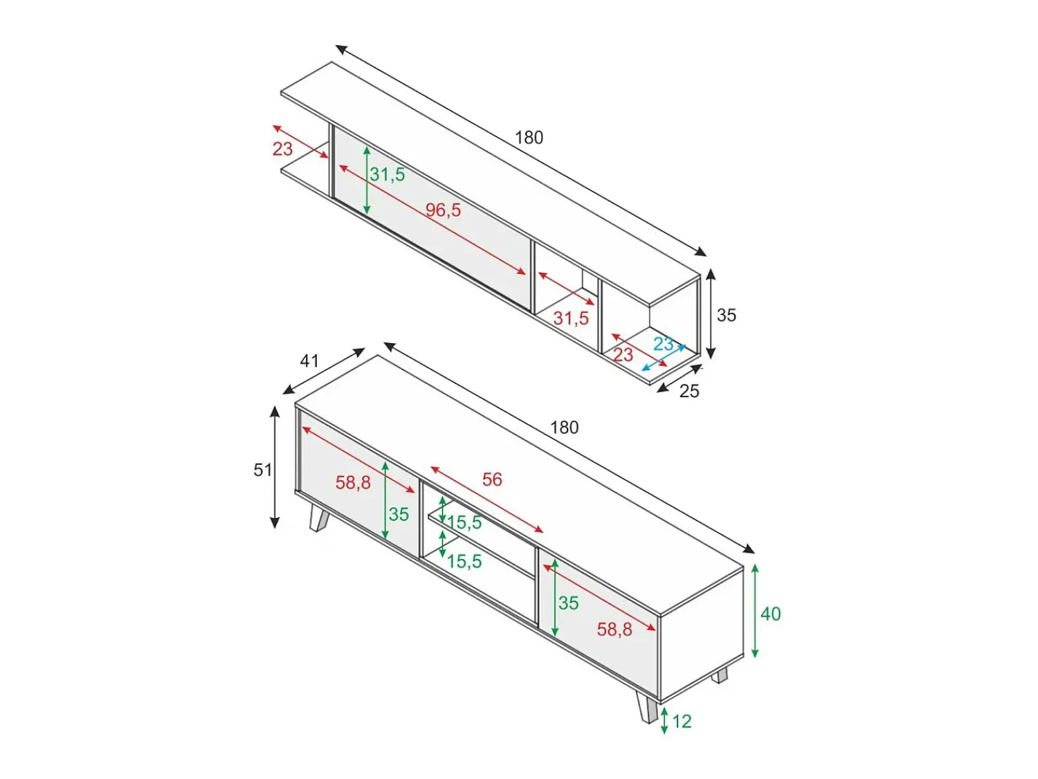 Móvel De Tv*Dmora Sistema de parede Darcole, móvel de sala de TV, Composição de sala com móvel de parede, 180x41h51 cm, e Carvalho Branco