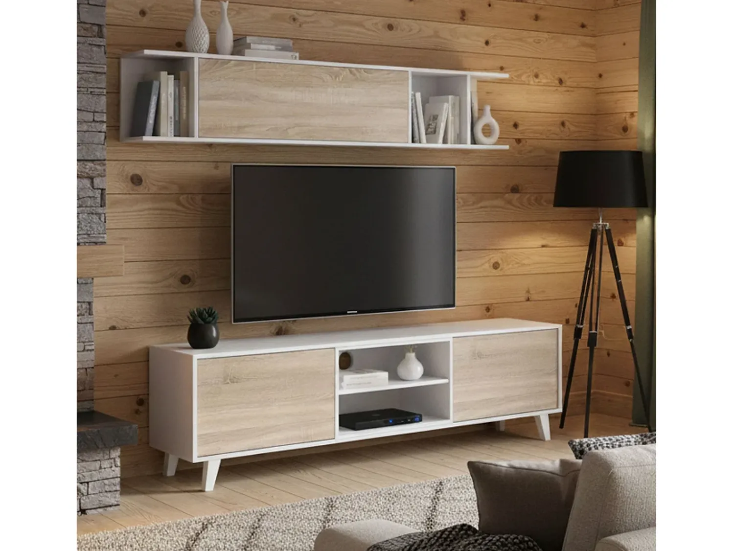Móvel De Tv*Dmora Sistema de parede Darcole, móvel de sala de TV, Composição de sala com móvel de parede, 180x41h51 cm, e Carvalho Branco