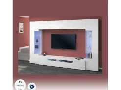 Móvel De Tv|Dmora Sistema de parede Dberard, conjunto de sala de TV com 6 portas, móveis de sala multiuso com luz LED, 100% Made in Italy, 290x40h191 cm, brilhante Branco